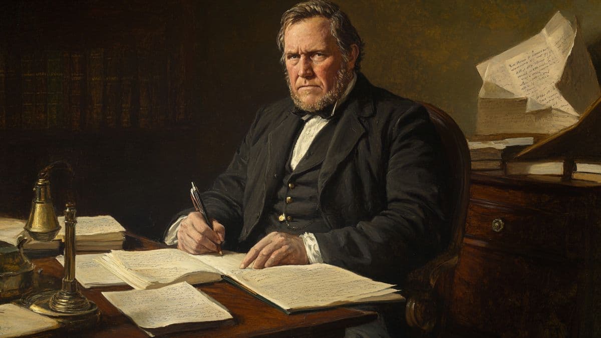 AI-generated painting of Brigham Young seated at a desk, expression ambiguous, evoking reflection on his sermons