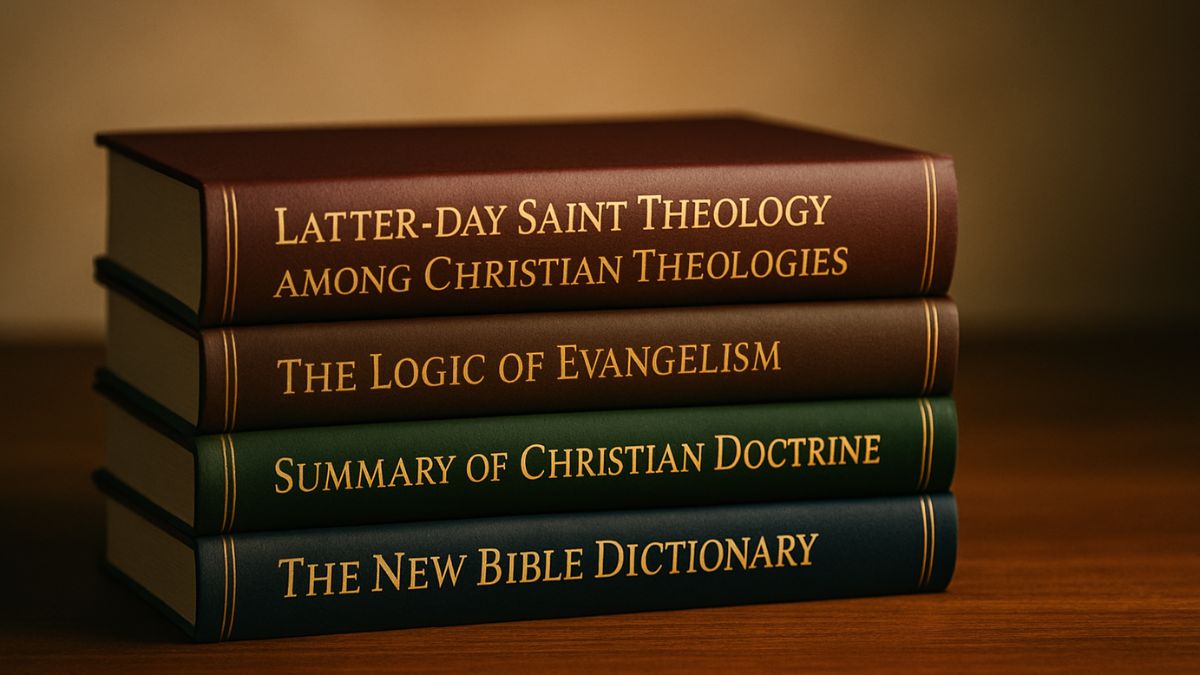 A warmly lit stack of four hardcover Eerdmans theology books, including Latter-day Saint Theology among Christian Theologies, styled in rich leather tones with gold-embossed titles, symbolizing Eerdmans’ engagement with Latter-day Saint scholarship.