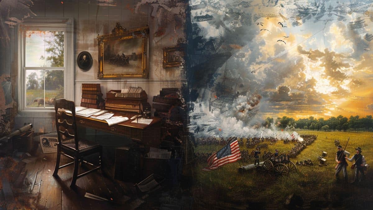 Split painting showing Joseph Smith’s 1832 prophecy on the left, with a parchment and quill on a desk, and a Civil War battlefield with cannon smoke and divided flags on the right, symbolizing Doctrine and Covenants 87.