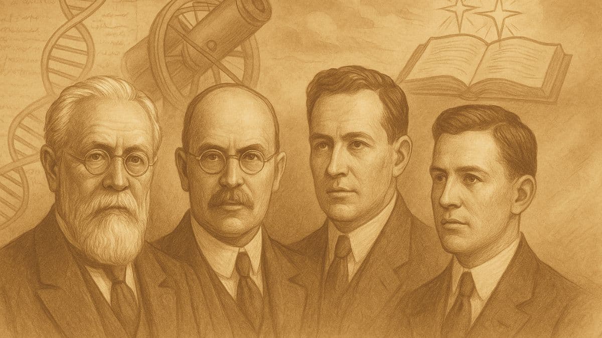 Sepia illustration of early 20th-century Latter-day Saint leaders symbolizing the Church’s evolution discourse—featuring Joseph F. Smith, B.H. Roberts, James E. Talmage, and Joseph Fielding Smith, with background elements representing science and scripture.