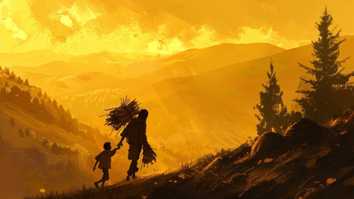Silhouetted Abraham and Isaac walk up Mount Moriah at sunrise, Abraham carrying wood for the offering, in an oil-painted style evoking Genesis 22 and the Akedah.