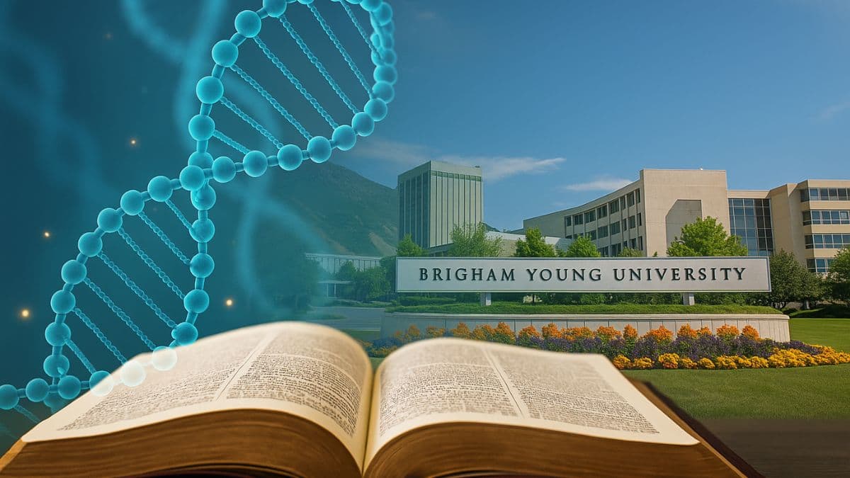 Composite image showing a DNA strand, open scriptures, and the BYU campus—representing the themes of faith, science, and education in the BYU evolution book.