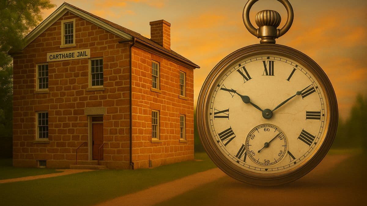 Carthage Jail at sunset with ghosted overlay of John Taylor’s pocket watch, evoking martyrdom and preservation