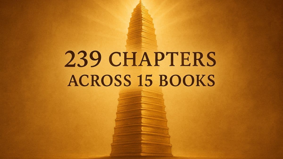 Stacked gold plates symbolizing the structure of the Book of Mormon, referencing 239 chapters across 15 books.