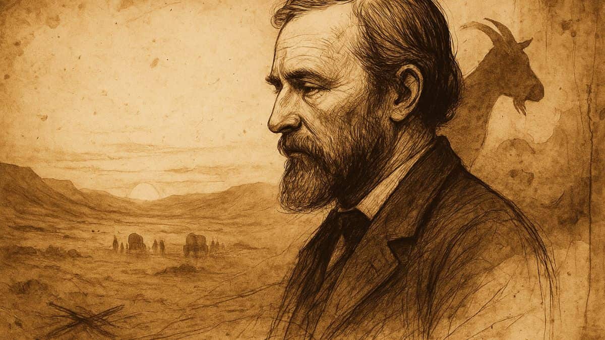 Sepia-toned ink sketch of John D. Lee in profile, with ghostly wagon silhouettes in a desert valley at dawn and a faint goat-shaped shadow behind him, symbolizing his role in the Mountain Meadows Massacre and status as a scapegoat.