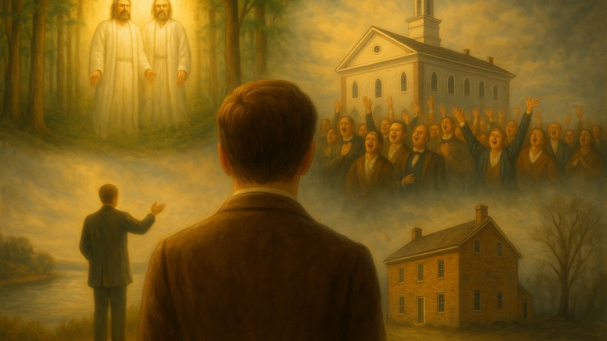 Illustration of John Turner reflecting on scenes from Joseph Smith’s life, including the First Vision, Kirtland Temple dedication, Nauvoo preaching, and Carthage Jail.