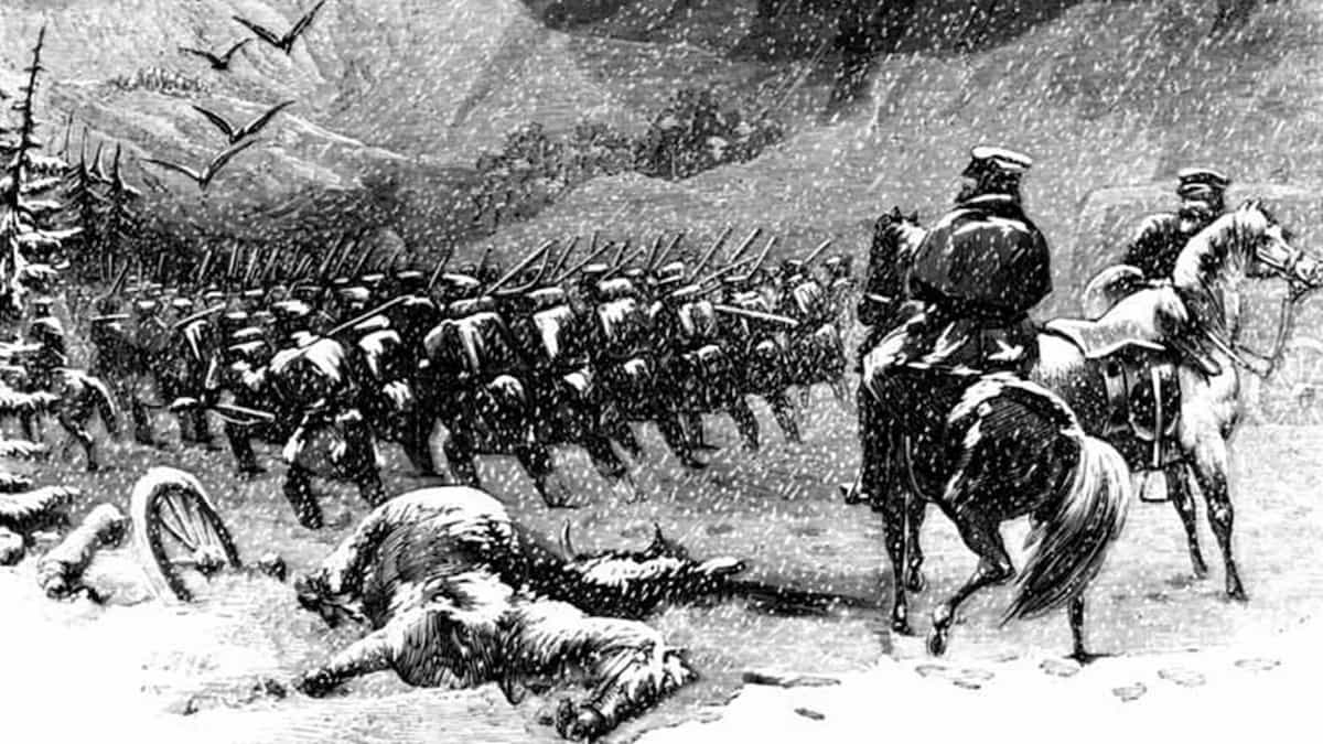 Soldiers marching through a snowstorm during the Utah War, illustrating harsh winter conditions on the trail.