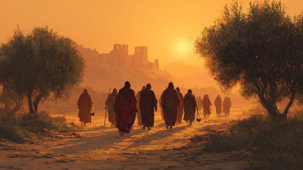 Artistic depiction of the 12 apostles walking at dusk, evoking the mystery and tradition surrounding their deaths.