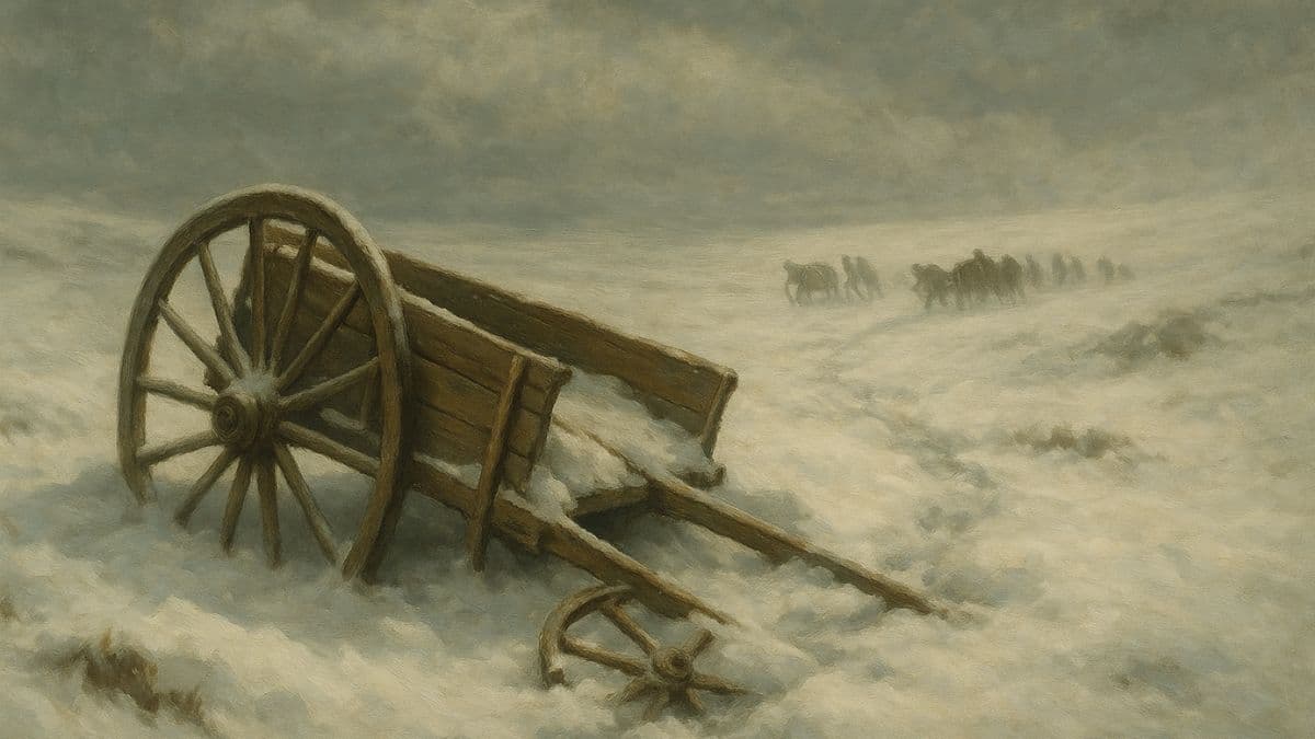 Broken handcart with shattered wheel in the snow, symbolizing the 1856 Mormon handcart tragedy and pioneer endurance