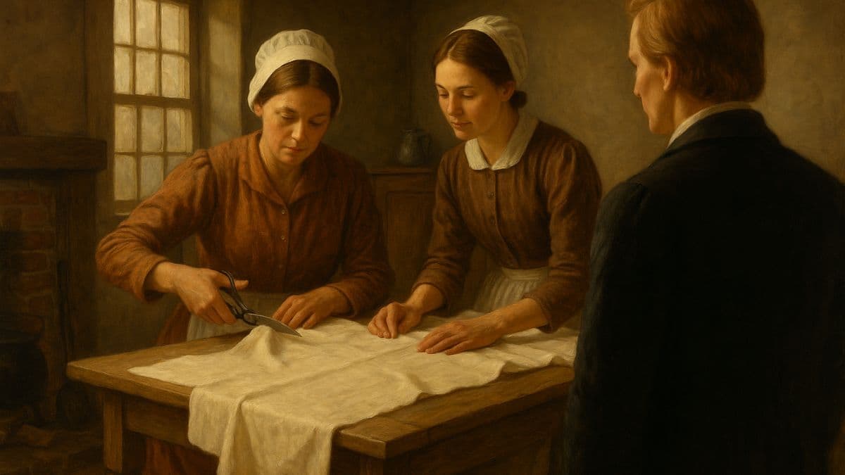 Elizabeth Allred sewing muslin for the first Latter-day Saint temple garment under Joseph Smith’s direction, with Emma Smith nearby offering design input such as a collar addition.