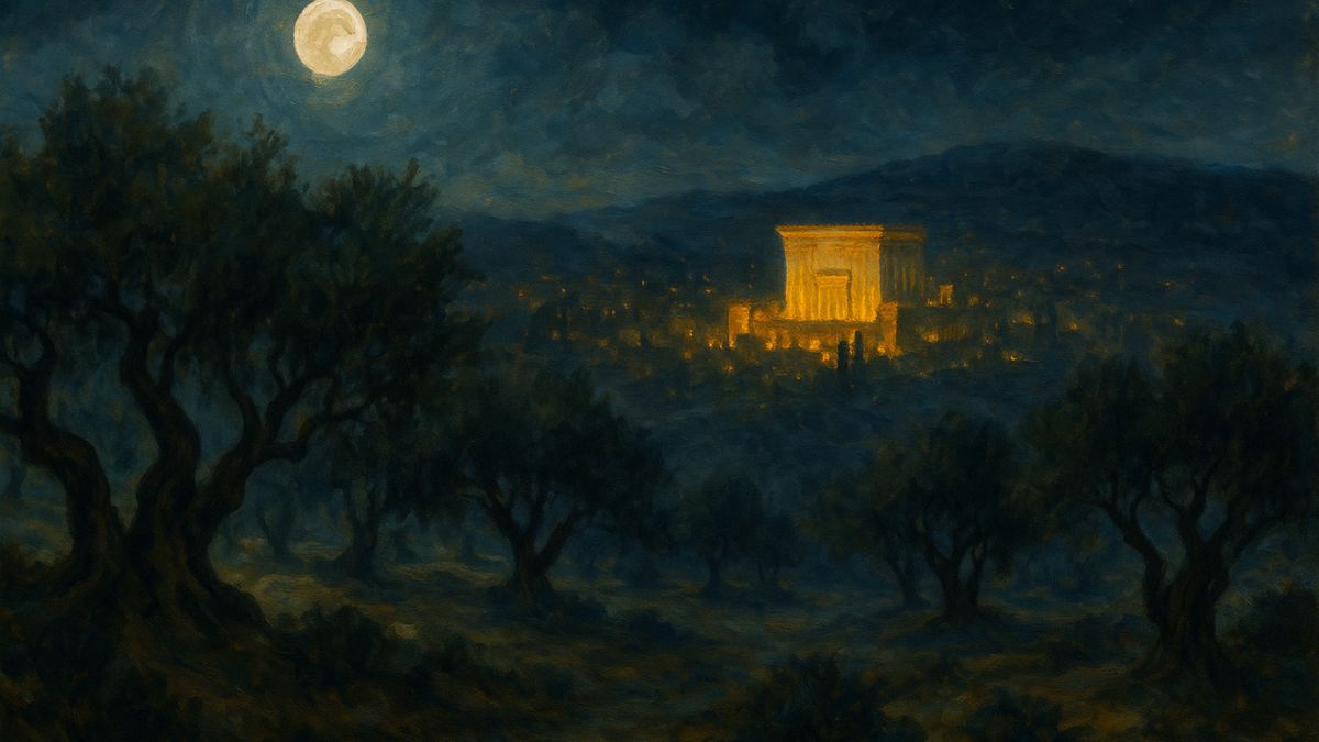 Painterly night view of Gethsemane on the Mount of Olives with olive trees in the foreground and the illuminated Jerusalem Temple under a full Passover moon in the background.