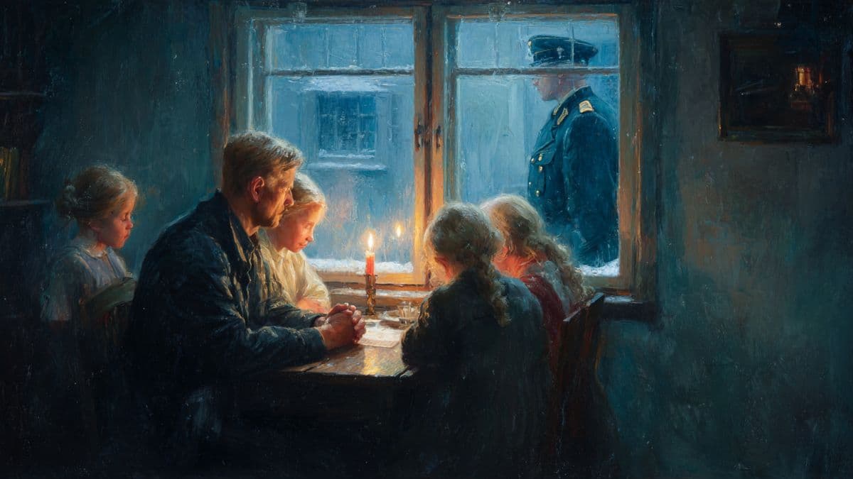 A Latter-day Saint family prays by candlelight in a modest German home, unaware of a Nazi officer watching through a frosted window.