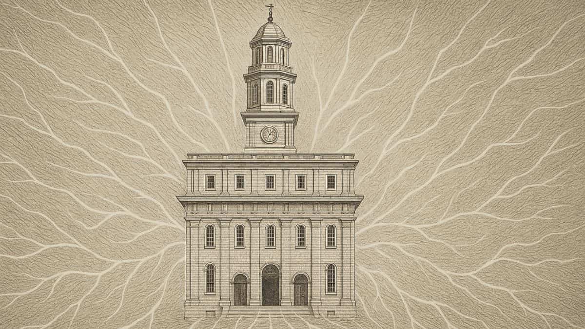 Sepia engraving of the Nauvoo Temple with branching rays symbolizing the law of adoption in early Latter-day Saint sealings.