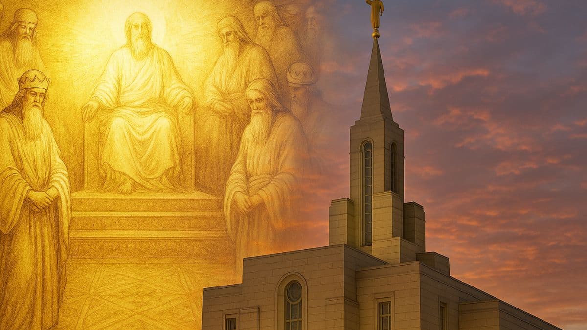 Composite image blending John’s vision of heaven from the book of Revelation with a modern Latter-day Saint temple, symbolizing the origins and evolution of temple worship.