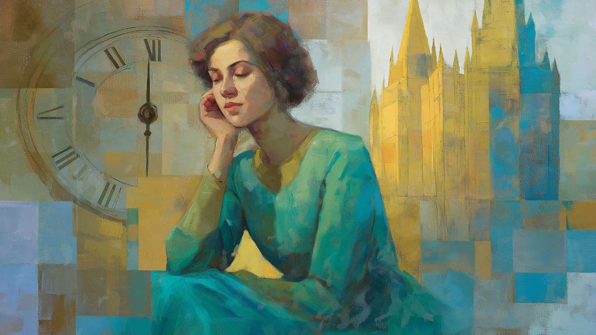 Cubist-style painting of a serene Latter-day Saint woman before a Roman numeral clock and stylized temple, evoking the Doctrine and Covenants’ sacred theology of time.