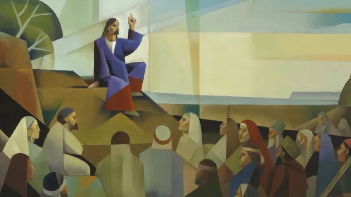 Aramaic Jesus depicted in Jorge Cocco’s Sermon on the Mount painting, showing Christ teaching his followers