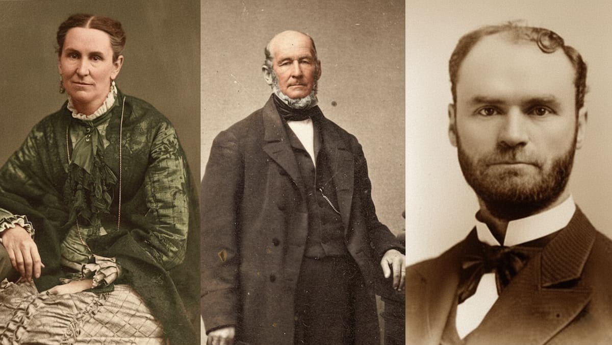 Portraits of Heber C. Kimball, his daughter Helen Mar Kimball, and grandson Orson F. Whitney, key figures in early Latter-day Saint history, illustrating Heber C. Kimball biography and family legacy.