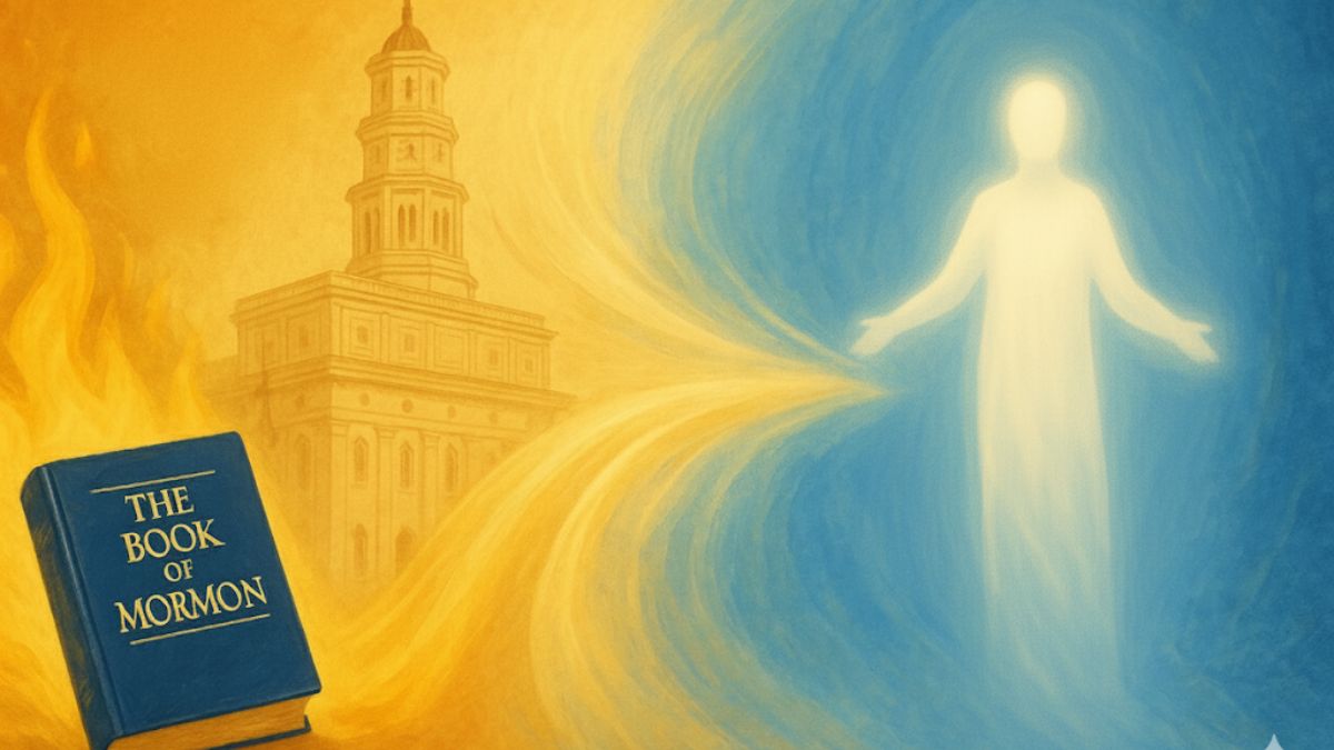 An artistic depiction illustrating the Latter-day Saint doctrine of the Holy Ghost development. The image features the Nauvoo Temple (with its central spire), the Book of Mormon, a dove, and a full-body Holy Ghost silhouette, against a background of fire and spirit. It visualizes the transition from early scriptural views to the modern understanding of the Spirit as a distinct personage.