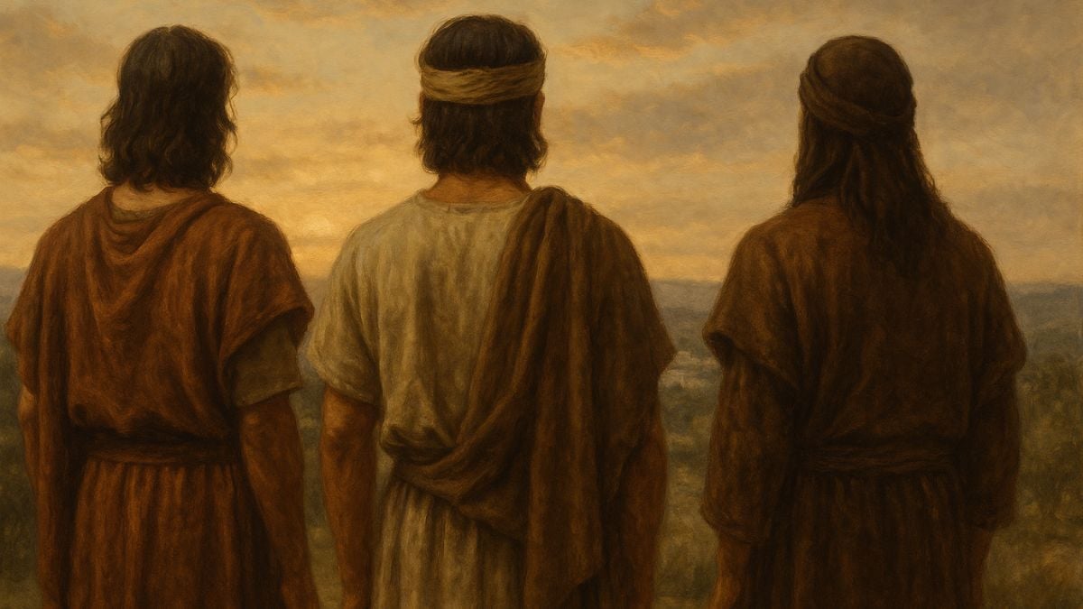 Three figures in ancient-style robes stand side by side, seen from behind, gazing toward a glowing horizon at sunset, symbolizing the mystery of the Three Nephites.