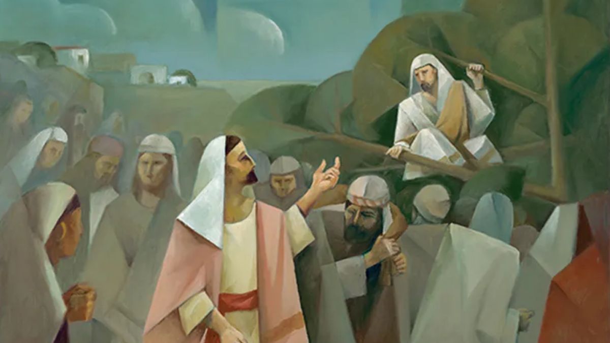 A Jorge Cocco painting of Jesus calling to Zacchaeus in a tree, illustrating the theme of discipleship in the Gospel of Luke.