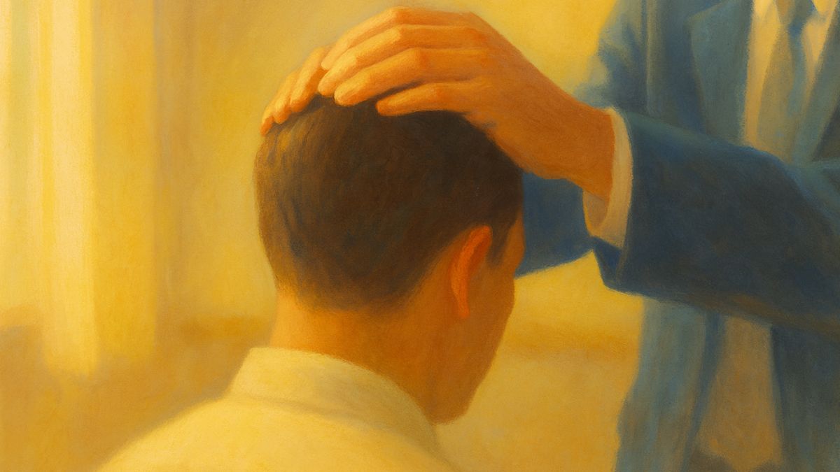 A young boy is charged to receive the Holy Ghost after being baptized by priesthood authority.