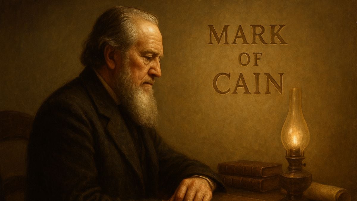 Brigham Young in a 3/4-profile, sepia 19th-century study with an embossed ‘MARK OF CAIN’ title—illustrating what Brigham Young taught about the mark of Cain.