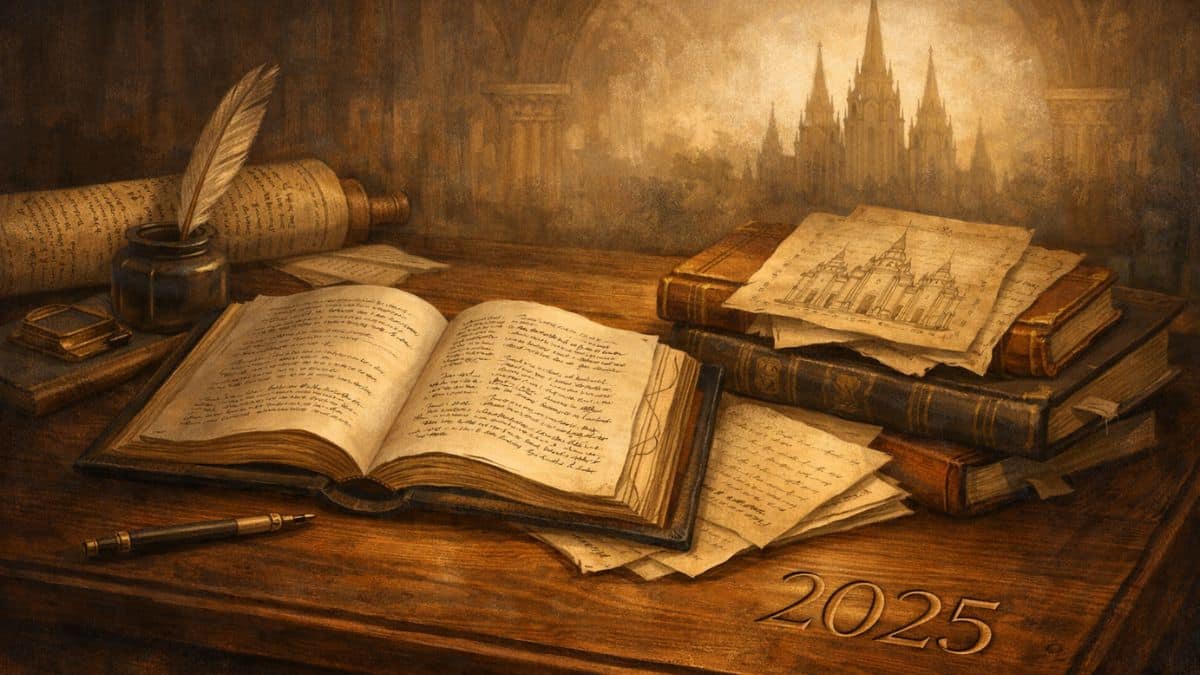 Illustrated scholar’s desk with an open annotated book, stacked manuscripts, and parchment sketches, with “2025” engraved on the wooden surface, symbolizing a year-in-review of historical and theological scholarship.