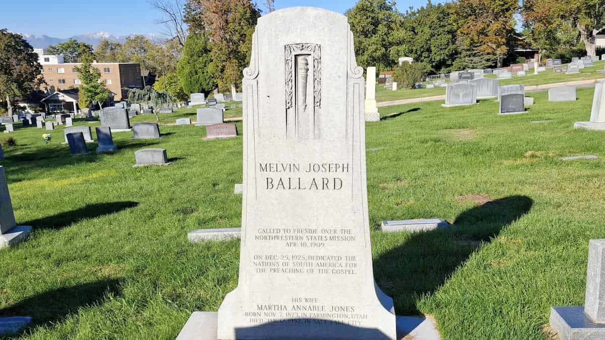 Melvin J. Ballard’s tombstone in Salt Lake City referencing his 1925 dedicatory prayer for the LDS Church in South America, marking the establishment of the South American Mission.