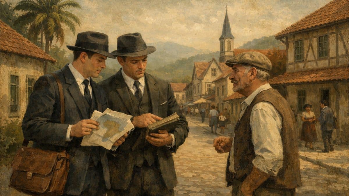 Two early Latter-day Saint missionaries in dark suits review papers and a map while conversing with a German-Brazilian resident on a Joinville street in the late 1920s, marking the beginning of LDS missionary work in Brazil.