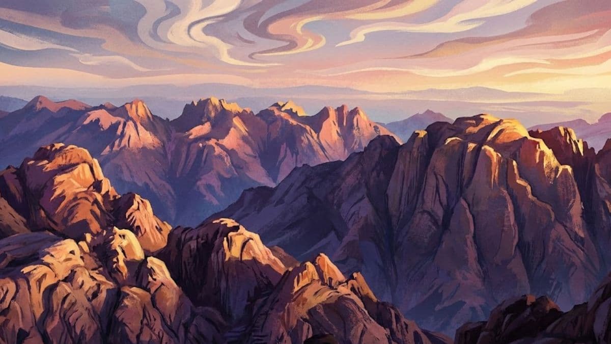 Artistic rendering of Mount Sinai at sunrise, evoking the sacred and ancient setting of the Book of Exodus as described in the JPS Torah Commentary.