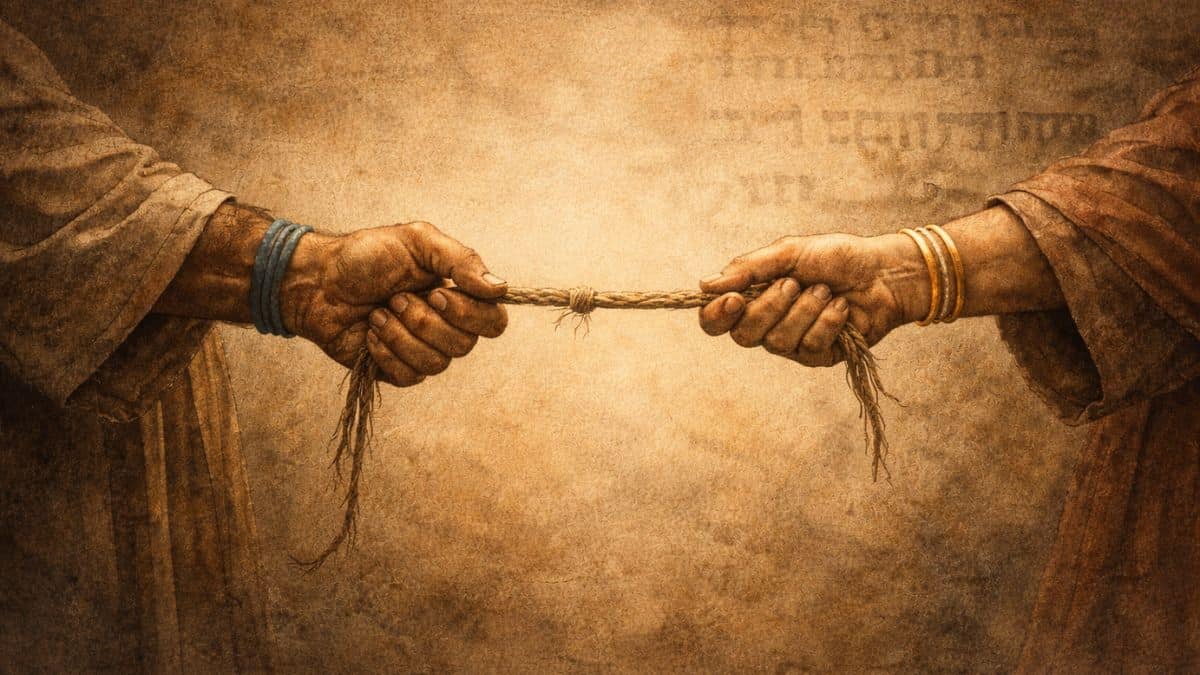 Two human hands pulling in opposite directions while gripping the same rope, symbolizing hesed as a shared bond of covenant loyalty under strain.