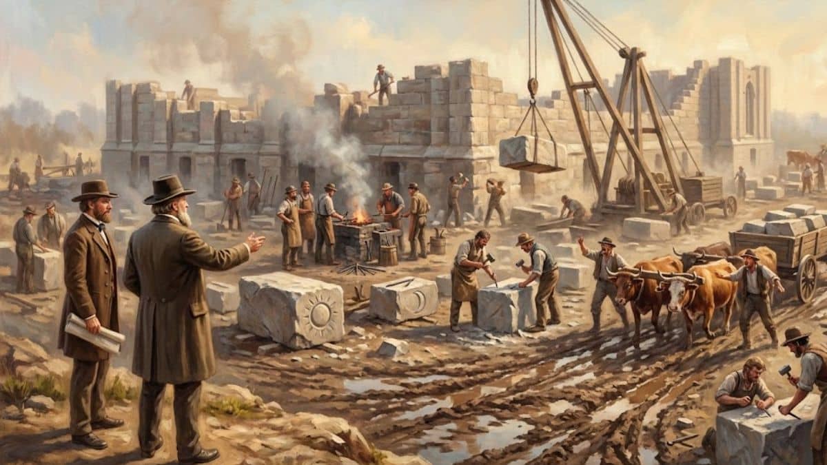 A 19th-century style oil painting of Brigham Young overlooking the gritty construction of the Salt Lake Temple. The scene shows immigrant laborers carving granite blocks, oxen pulling heavy wagons through deep mud, and a wooden derrick hoisting stone toward rising walls under a hazy, golden-hour sky.