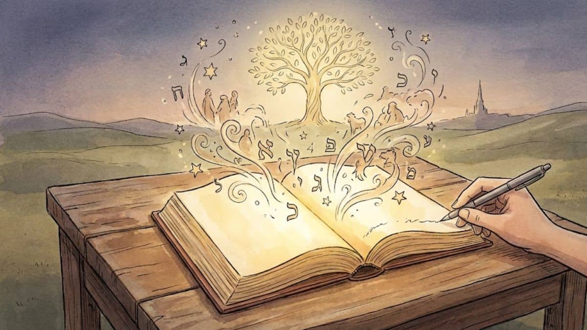 An illustration of a hand reaching out to translate a copy of Genesis positioned on a desk, with the Tree of Life springing up from the pages and a temple in the background that highlights the importance for Latter-day Saints.