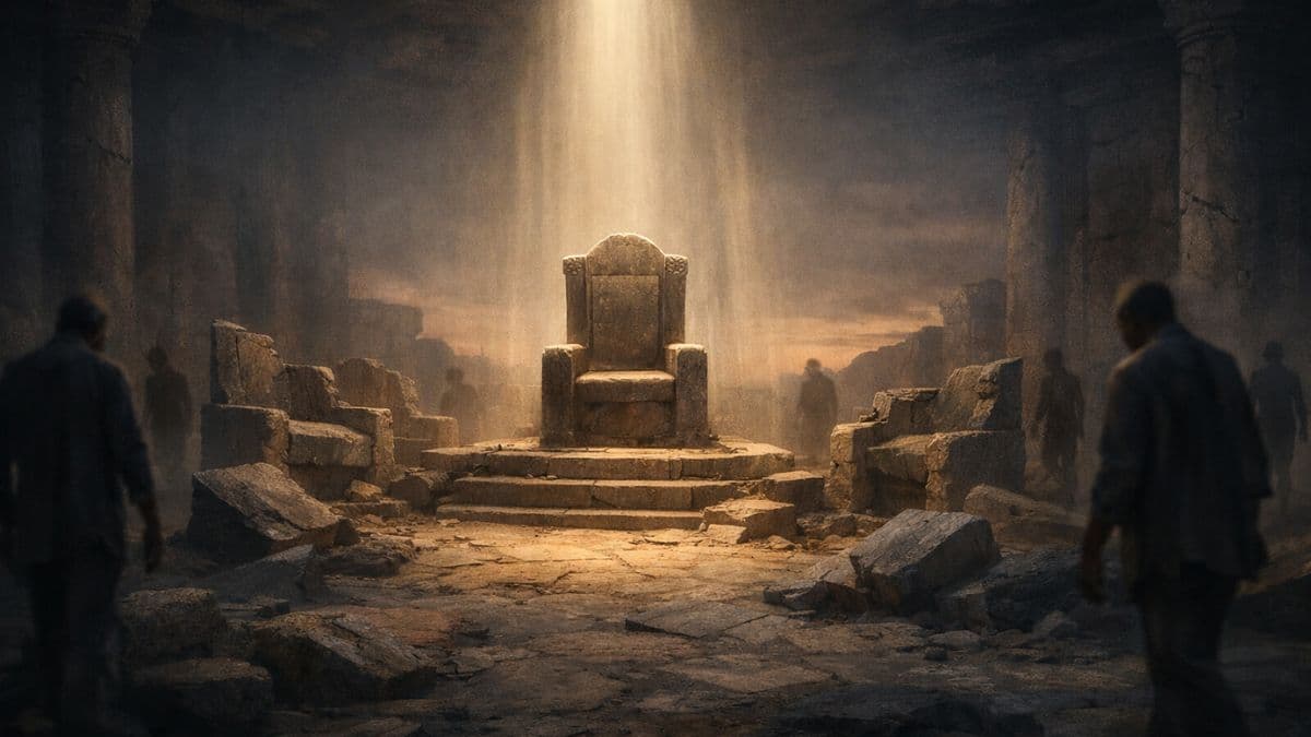 An empty throne in a heavenly divine council scene, representing the judgment and deposition of foreign gods in Psalm 82.
