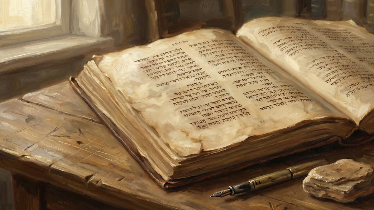 An impressionist painting of an open Hebrew Bible (Tanakh) showing poetic line breaks, used in the interview "Seven Songs" with Rosalynde Welch.
