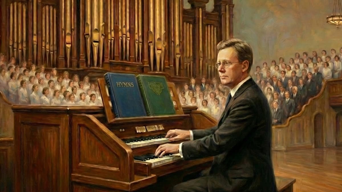 Painting of Tracy Y. Cannon playing the Salt Lake Tabernacle organ, featuring the 1927 and 1948 Latter-day Saint hymnbooks he helped produce.