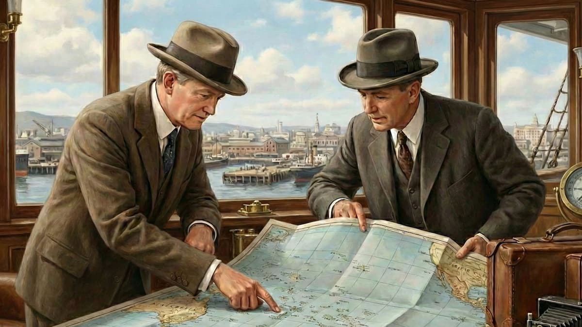 A historical illustration in a 1920s photographic style, showing David O. McKay and his travel companion, Hugh J. Cannon, on the deck of a steamship. Both men wear suits and fedora hats as they lean over a table, intently examining a large map labeled "PACIFIC OCEAN." McKay points to a group of islands on the map. Vintage leather luggage and a folding camera sit beside them, with a busy port city visible in the background.