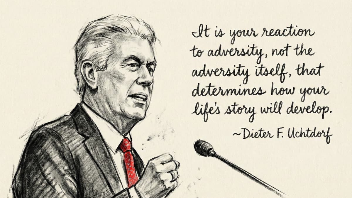 A sketch of Dieter F. Uchtdorf next to the text of one of his quotes about adversity.