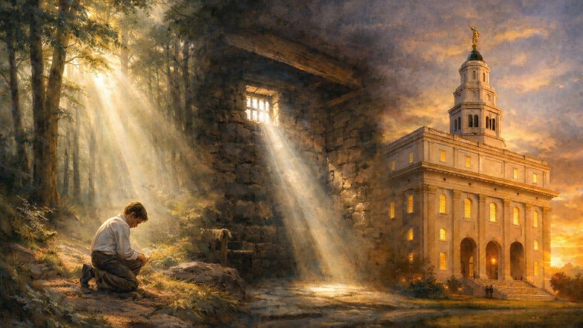 Light piercing the Sacred Grove, Liberty Jail, and the Nauvoo Temple symbolizing Joseph Smith’s teachings that God’s absolute power is light, glory, and covenant law—not domination.