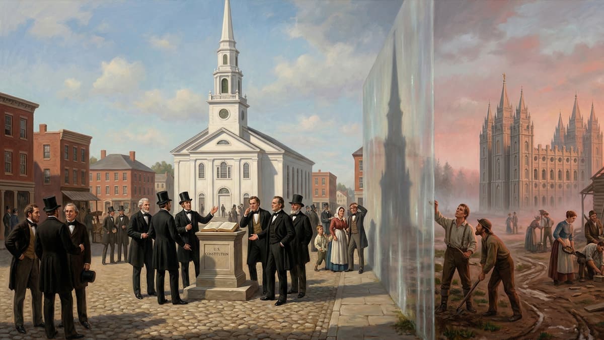 An AI-generated oil painting depicting the 19th-century conflict between the Church of Jesus Christ of Latter-day Saints and the Protestant establishment, showing a dominant town square church separated from a rugged Latter-day Saint temple site by a transparent wall representing First Amendment religious freedom.