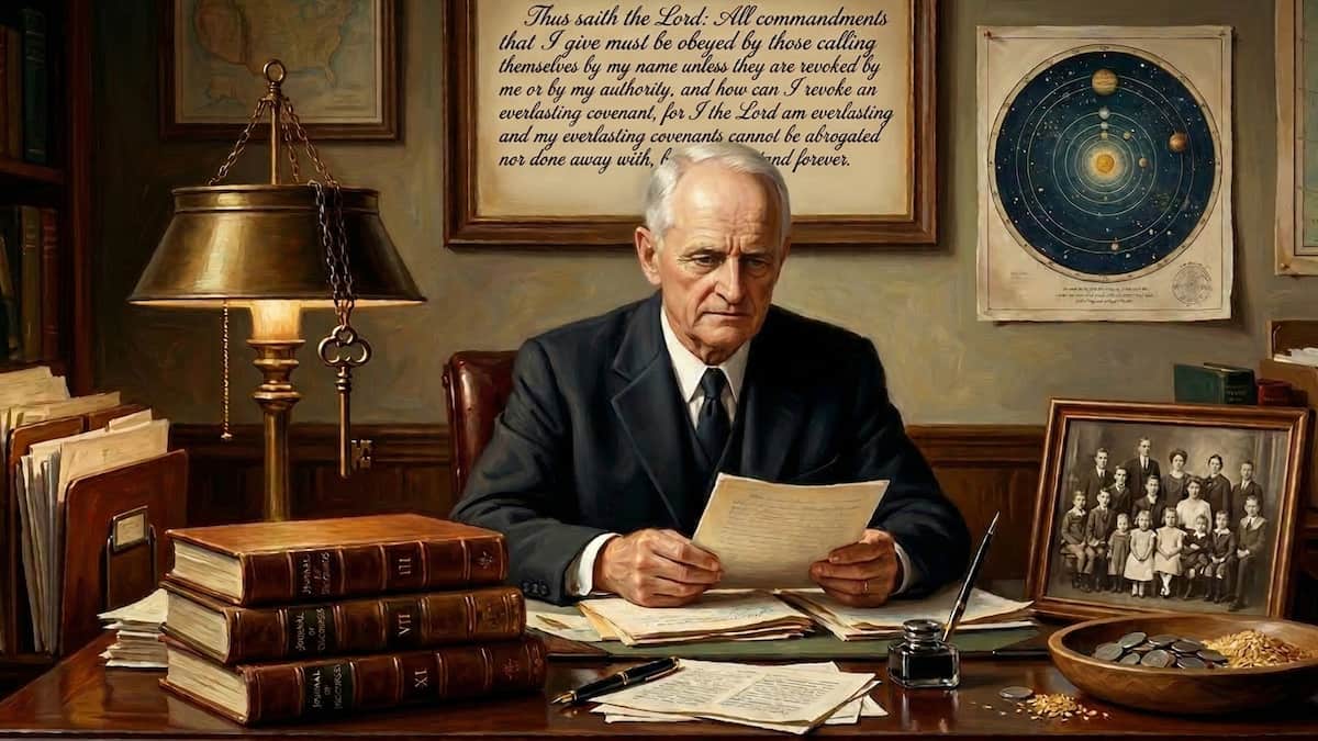 Conceptual oil painting of Joseph White Musser, the "Father of Mormon Fundamentalism," seated at a study desk. He is holding papers, surrounded by historical items including a framed 1886 Revelation quote behind his head, stacked Journal of Discourses volumes, a plural family photograph, and a celestial chart representing fundamentalist doctrine.