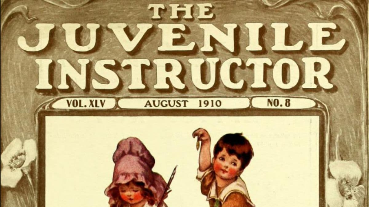 An illustrated cover of a 1910 edition of the Juvenile Instructor, featuring the imprint and an illustration of young children playing.
