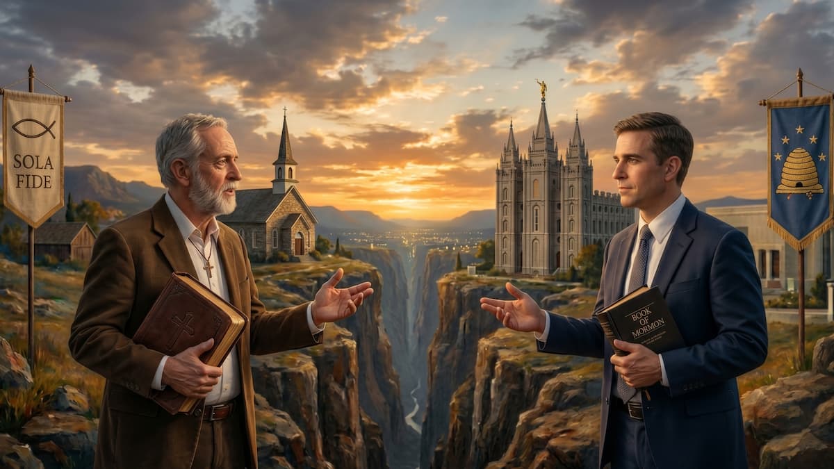 An Evangelical Christian and a Latter-day Saint engaging in interfaith dialogue across a deep chasm, symbolizing the theological divide and neighborly love between Mormons and Evangelicals.