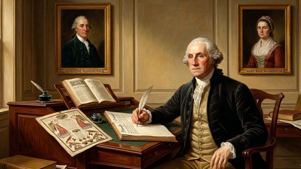 An image of George Washington writing his genealogy, associated with Karin Wulf's Lineage: Genealogy and the Power of Connection in Early America