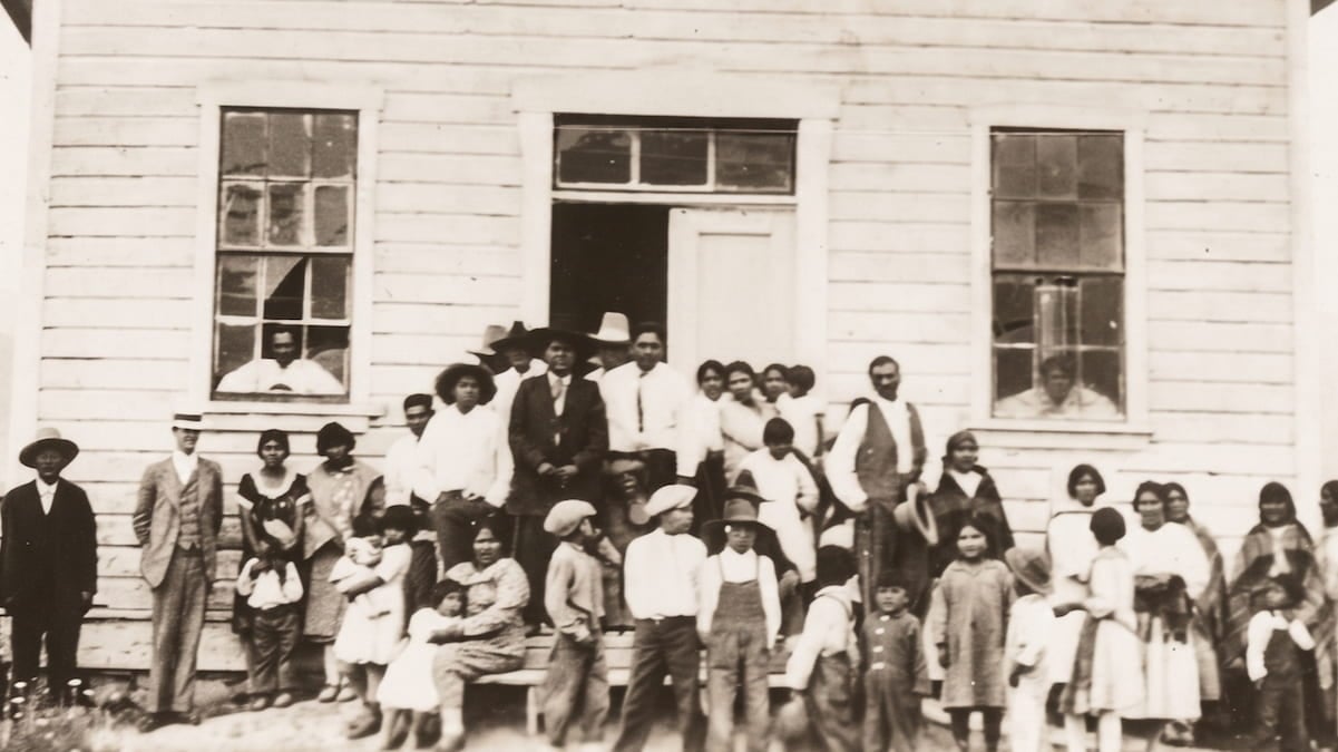 Northwestern Shoshone members at the historic Washakie Ward LDS meetinghouse in 1910, featured in Native Saints.