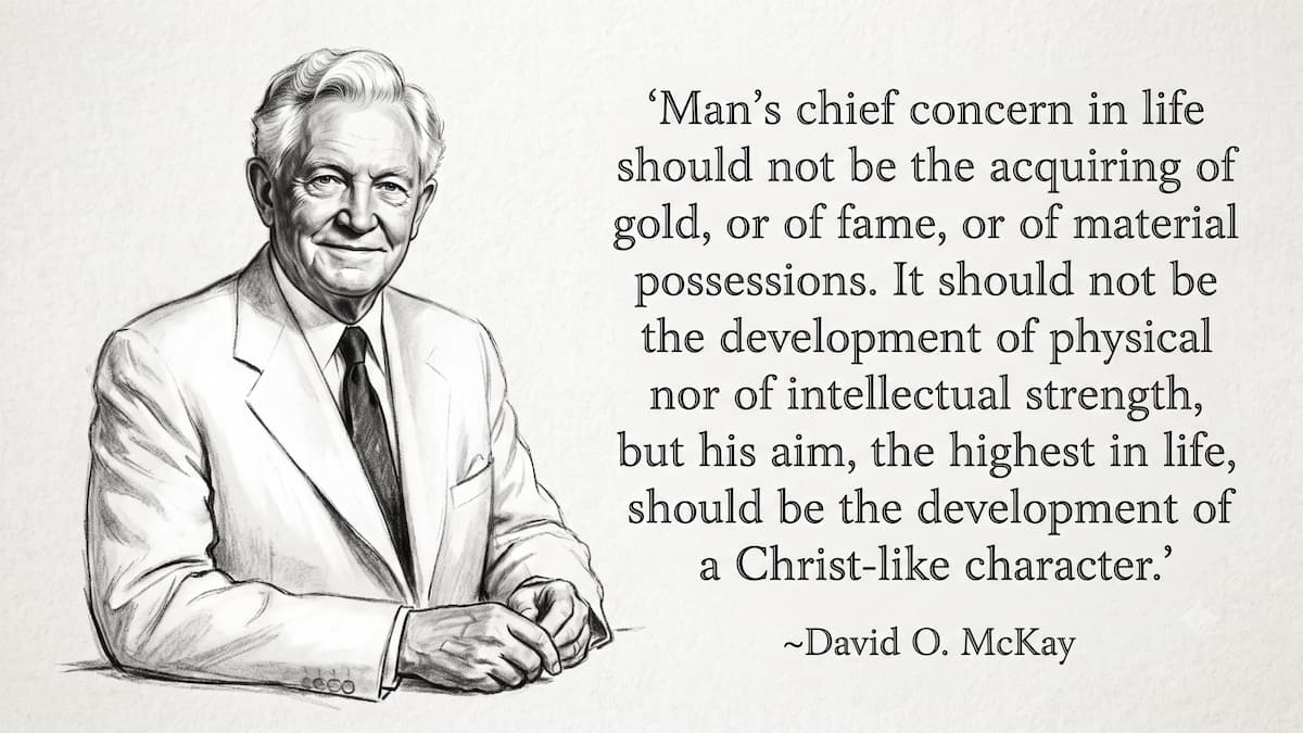 A charcoal sketch of David O. McKay with his quote, "Man’s chief concern in life should not be the acquiring of gold, or of fame, or of material possessions. It should not be the development of physical prowess, nor of intellectual strength, but his aim, the highest in life, should be the development of a Christ-like character."
