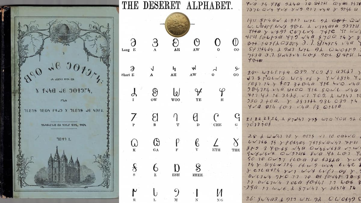 Examples of the Deseret Alphabet form nineteenth-century Utah, including a coin, Book of Mormon, key, and Wilford Woodruff journal excerpt