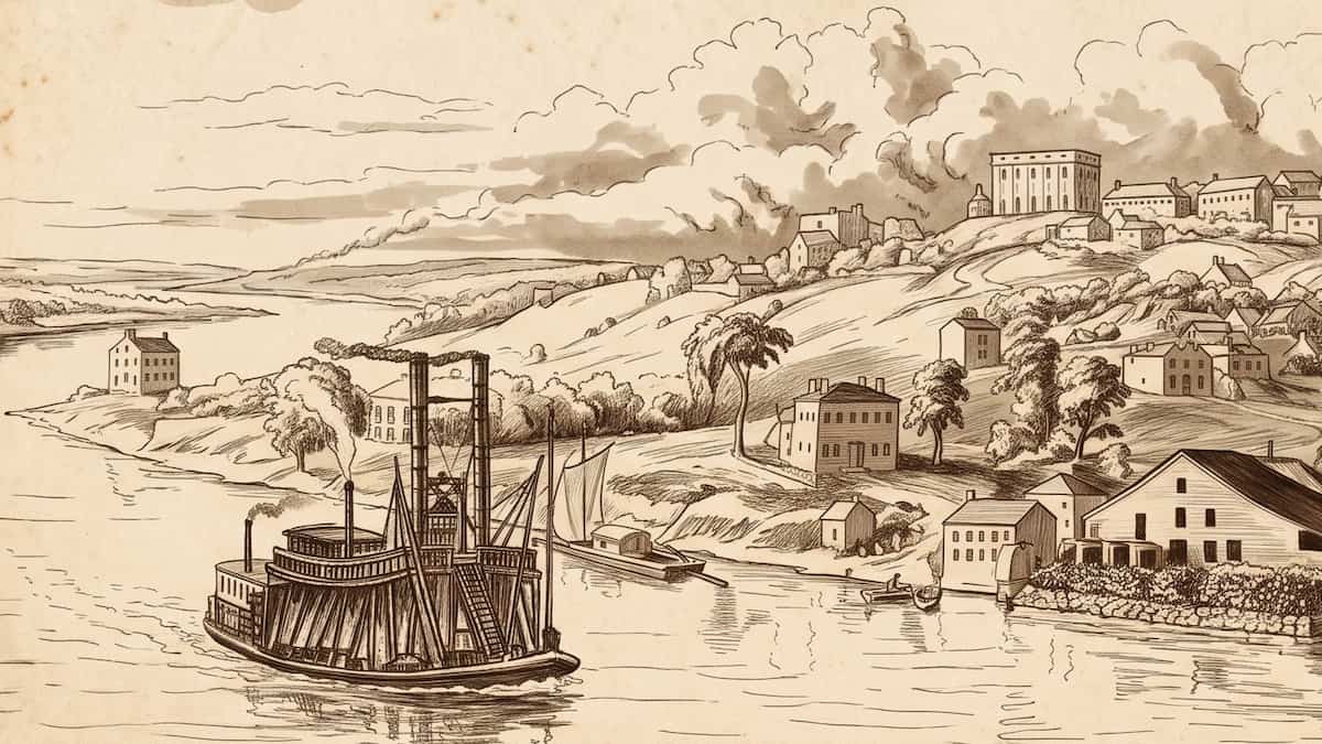Sketch of the steamboat Maid of Iowa, representing the massive financial debts central to the Emma Smith legal battles.