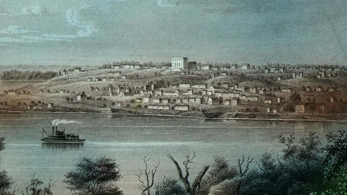 A detail of Hermann J. Meyer's "Nauvoo (Mississippi)," including a depiction of the Nauvoo Temple.