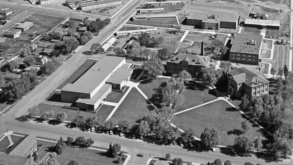Photograph of the Ricks College campus in Rexburg around 1960 during Ernest Wilkinson’s junior college expansion initiative.